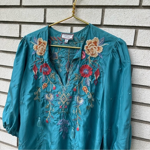 Johnny Was Workshop Taryn Flowy Tassel Silk Blouse Sea Stone Boho Chic - Picture 5 of 14